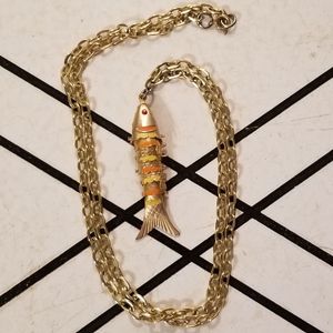 Gold Tin novelty Articulated fish necklace and pendant